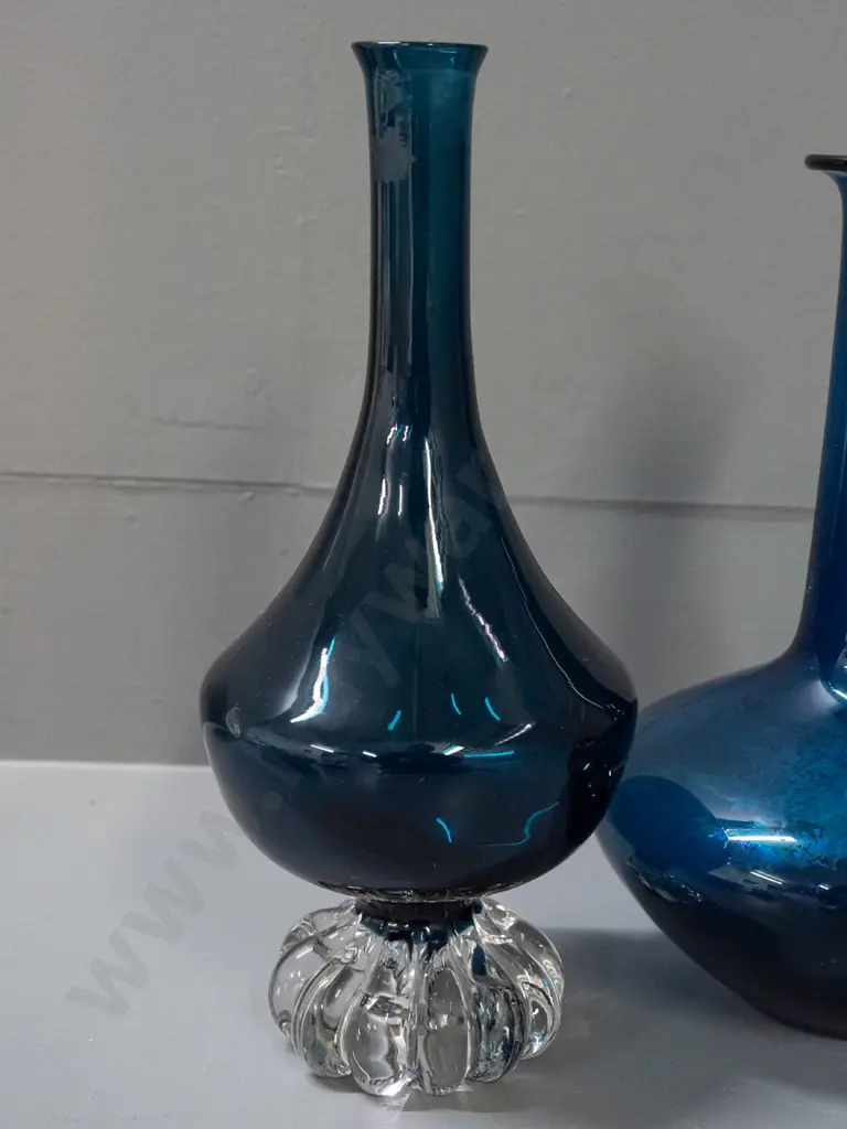 3 blue art glass items - small textured vase with one polished face, 2 bottle vases, one with lobed clear base H-240, Image 1++