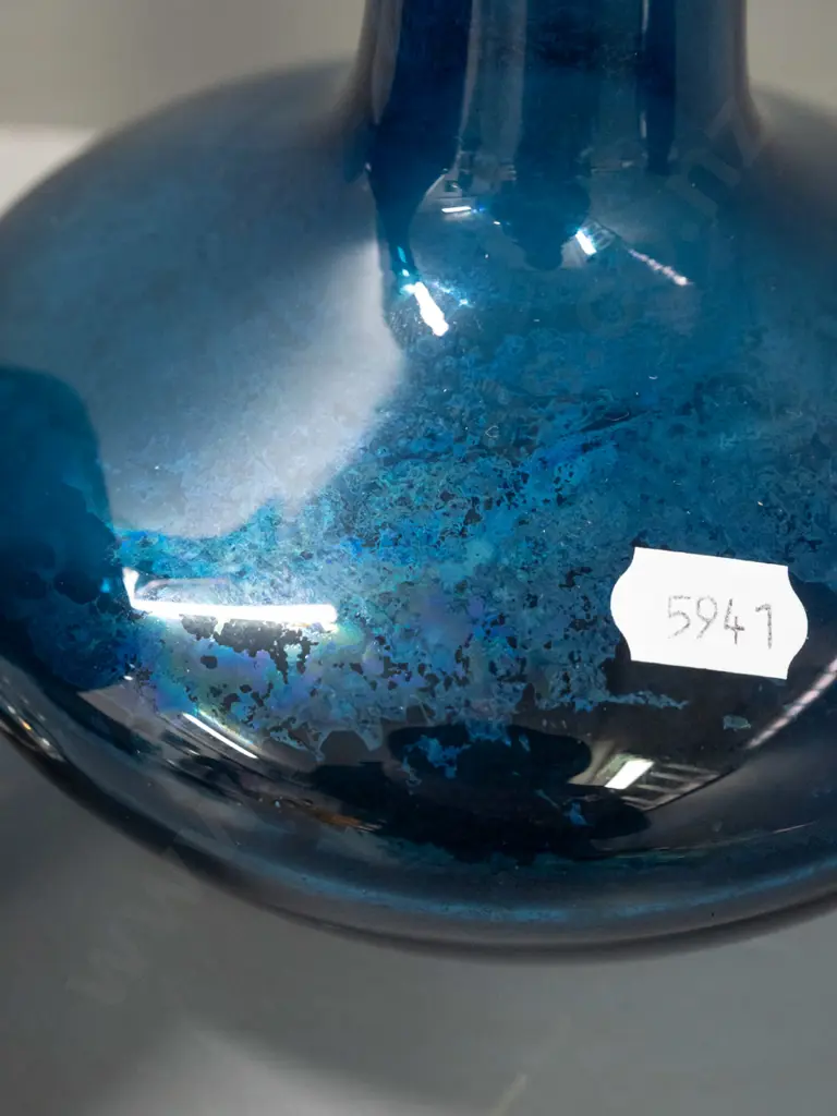 3 blue art glass items - small textured vase with one polished face, 2 bottle vases, one with lobed clear base H-240, Image 1++