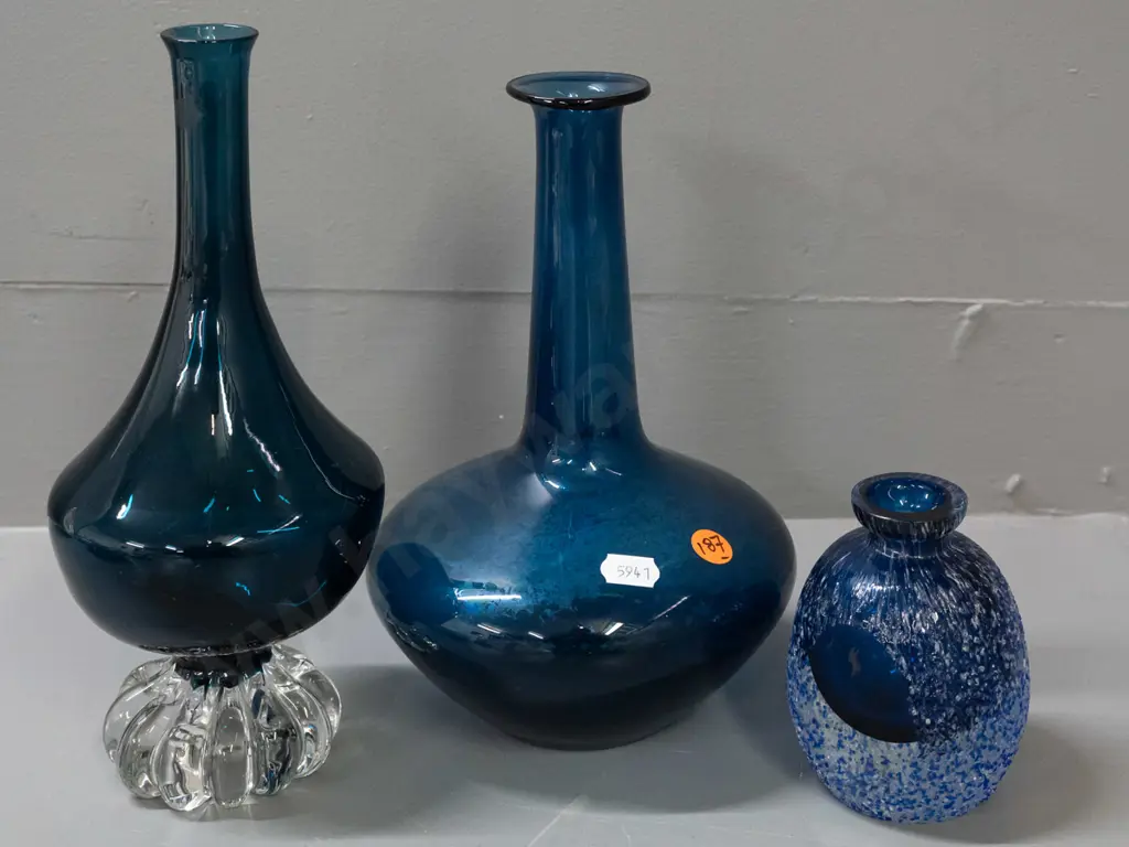 3 blue art glass items - small textured vase with one polished face, 2 bottle vases, one with lobed clear base H-240, Image 1++