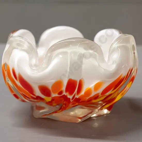 art glass bowl - red, orange, yellow and white swirled  H-80 D-140