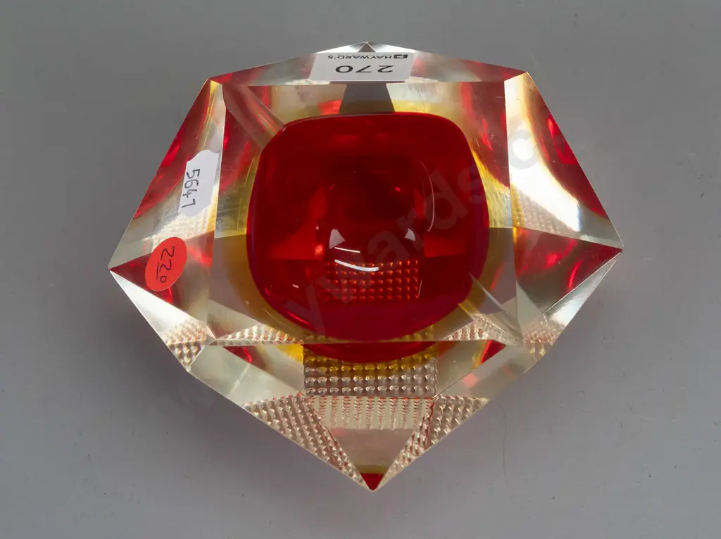 art glass faceted clear over red & orange ashtray W115 Image 1++