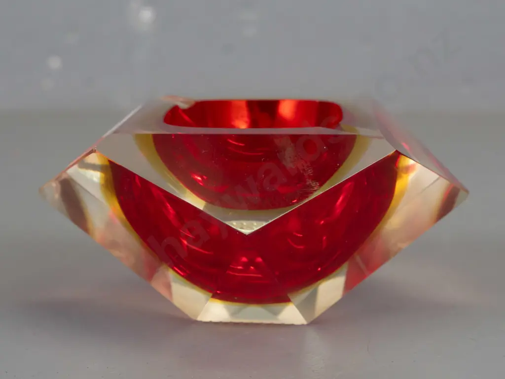 art glass faceted clear over red & orange ashtray W115 Image 1++