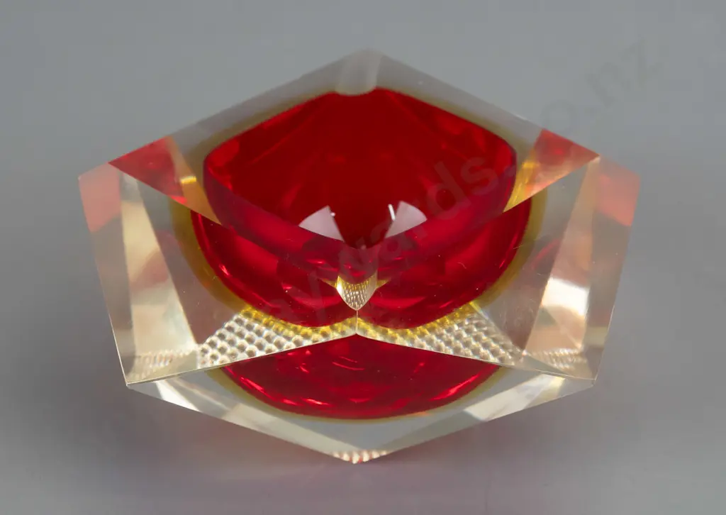 art glass faceted clear over red & orange ashtray W115 Image 1++