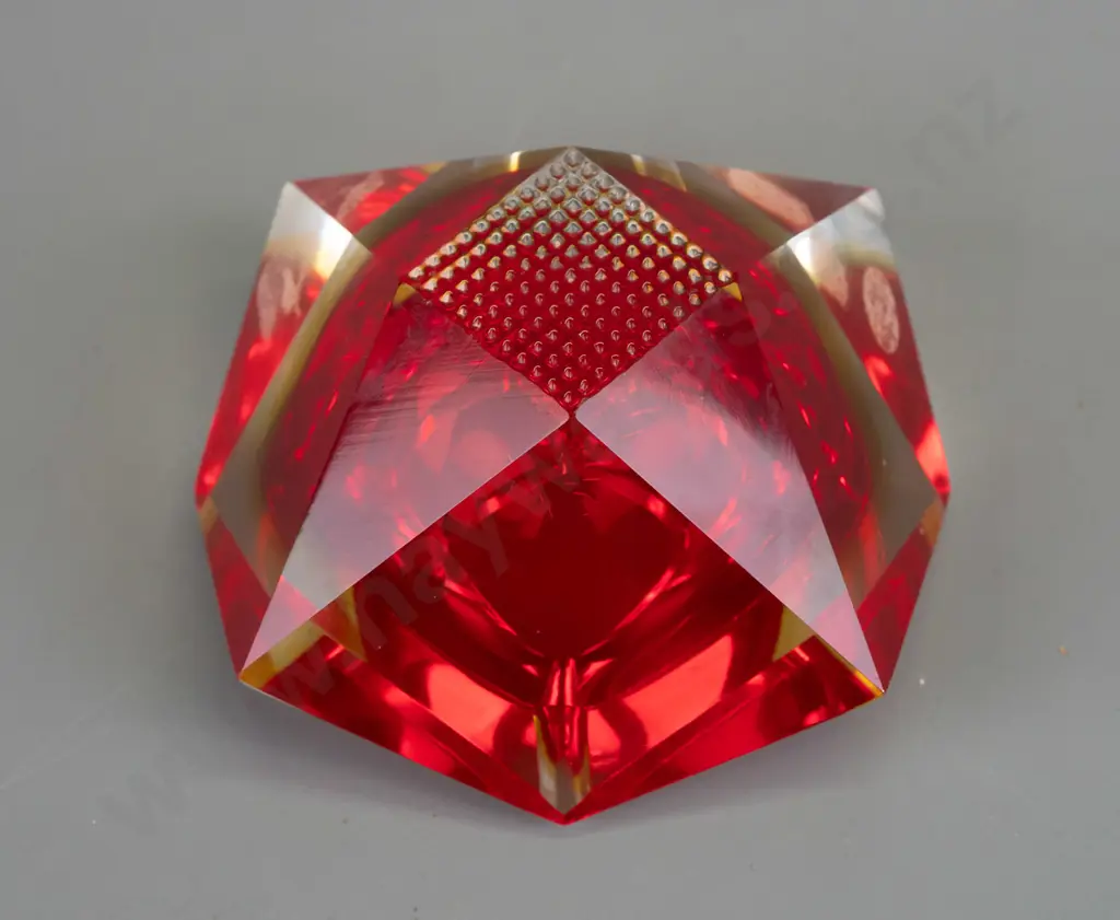 art glass faceted clear over red & orange ashtray W115 Image 1++