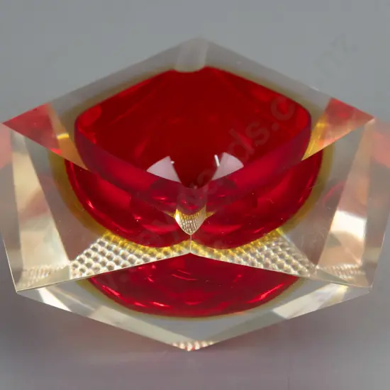 art glass faceted clear over red & orange ashtray W115
