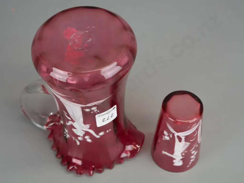 2 pieces of vintage cranberry Mary Gregory style glass frilled-edge jug w/ clear handle & small tumbler. Jug H-175 W-160 Image 1++