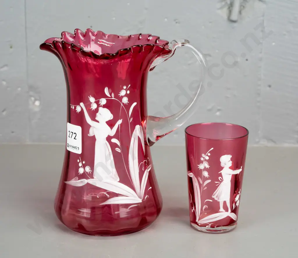 2 pieces of vintage cranberry Mary Gregory style glass frilled-edge jug w/ clear handle & small tumbler. Jug H-175 W-160 Image 1++