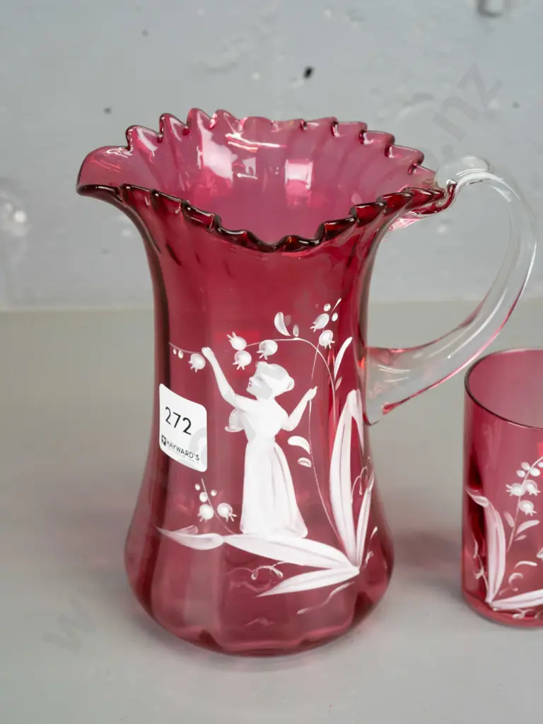 2 pieces of vintage cranberry Mary Gregory style glass frilled-edge jug w/ clear handle & small tumbler. Jug H-175 W-160 Image 1++