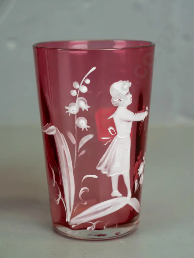 2 pieces of vintage cranberry Mary Gregory style glass frilled-edge jug w/ clear handle & small tumbler. Jug H-175 W-160 Image 1++