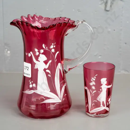 2 pieces of vintage cranberry Mary Gregory style glass frilled-edge jug w/ clear handle & small tumbler. Jug H-175 W-160
