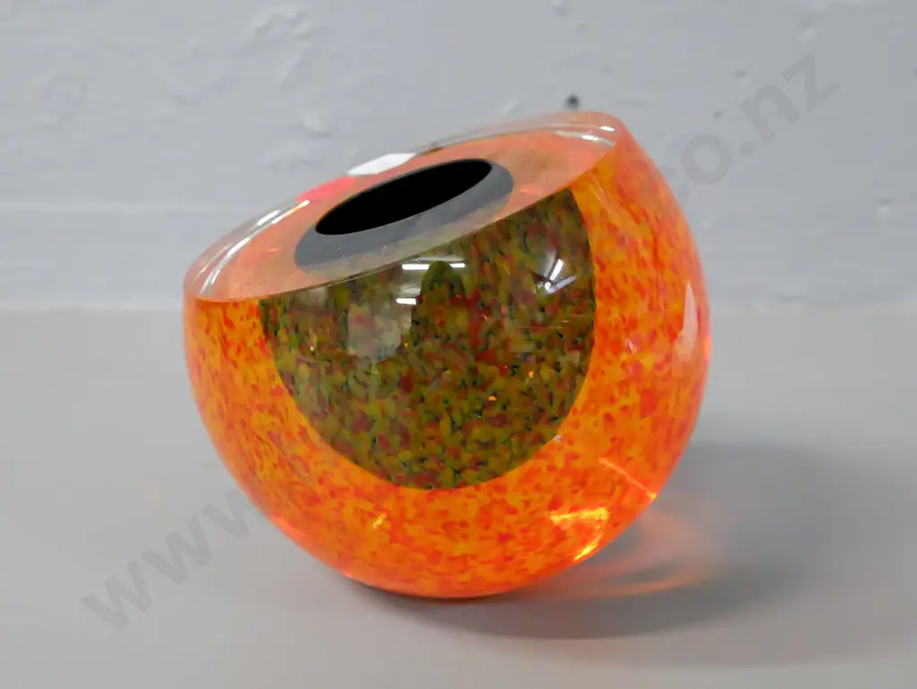 art glass cut bud vase - multi-layered mottled red-amber-orange with matte black central concavity, marked Image 1++