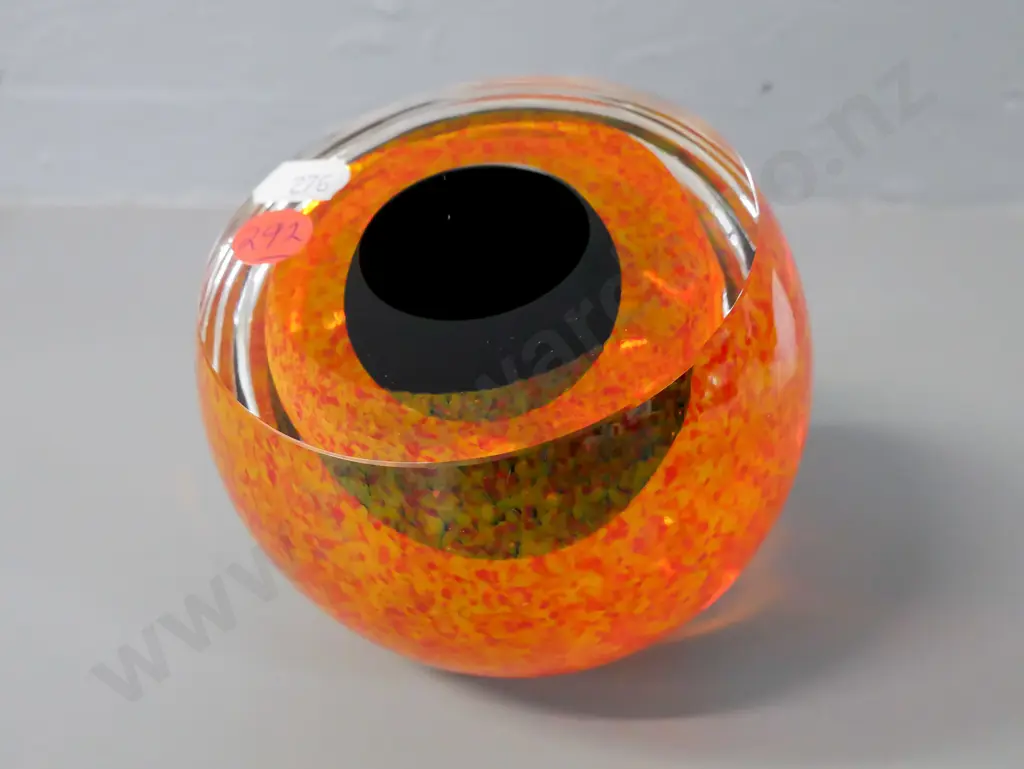 art glass cut bud vase - multi-layered mottled red-amber-orange with matte black central concavity, marked Image 1++