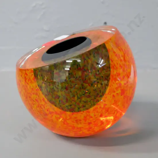 art glass cut bud vase - multi-layered mottled red-amber-orange with matte black central concavity, marked