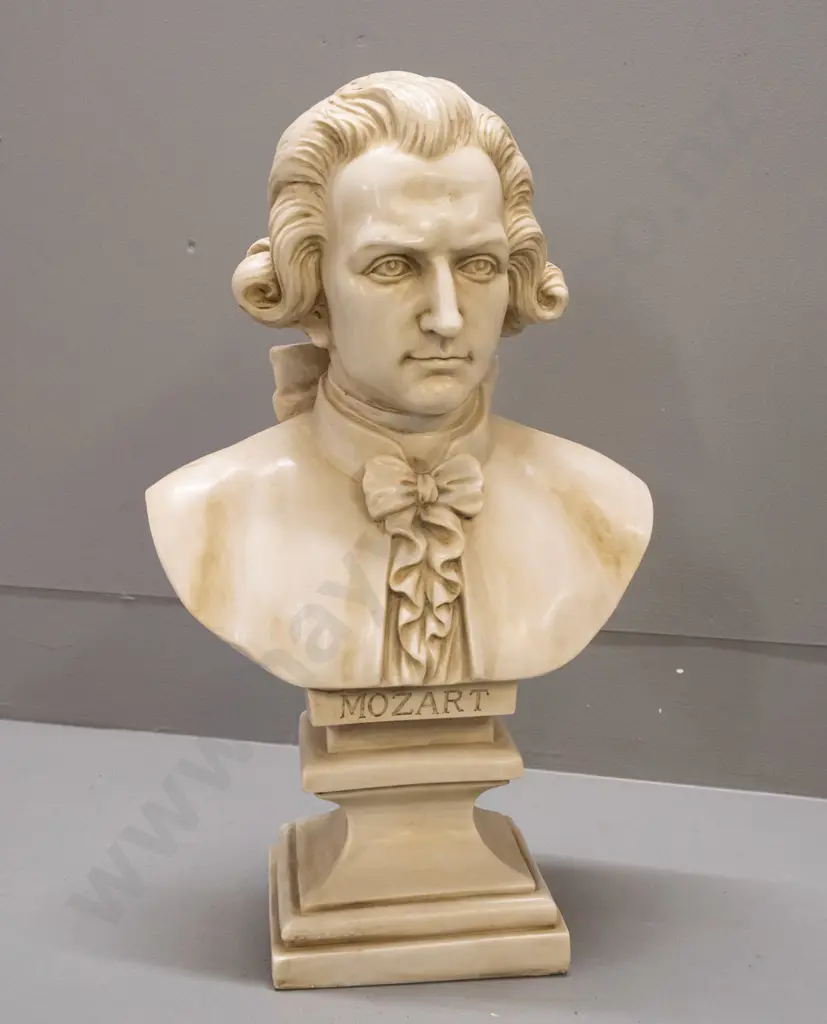 cast composite faux marble bust of Mozart on square section plinth base H-450 W-260 Image 1++