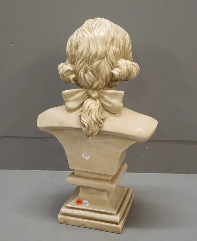 cast composite faux marble bust of Mozart on square section plinth base H-450 W-260 Image 1++