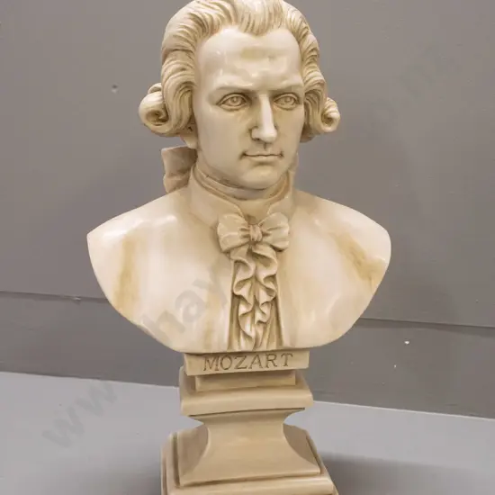 cast composite faux marble bust of Mozart on square section plinth base H-450 W-260