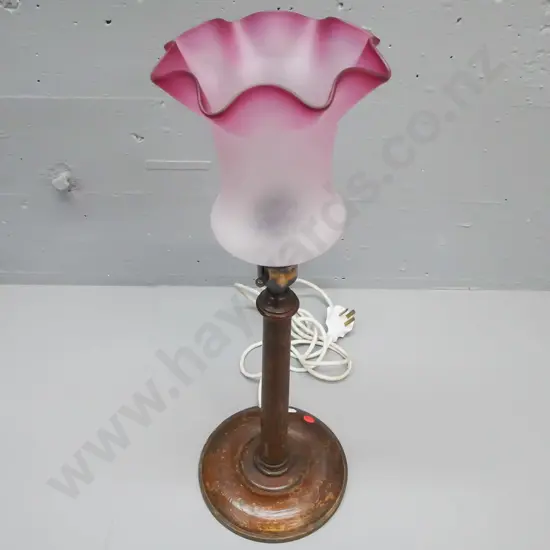 vintage oak table lamp, circular base on turned tapered column, frosted and fluted shade white grading to cranberry.