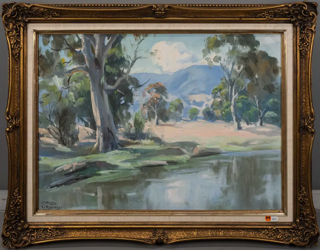 Andrew(?) Griffin -- framed oil on board, Australian landscape with eucalypts hills and stream, H-415 W-560 Image 1++