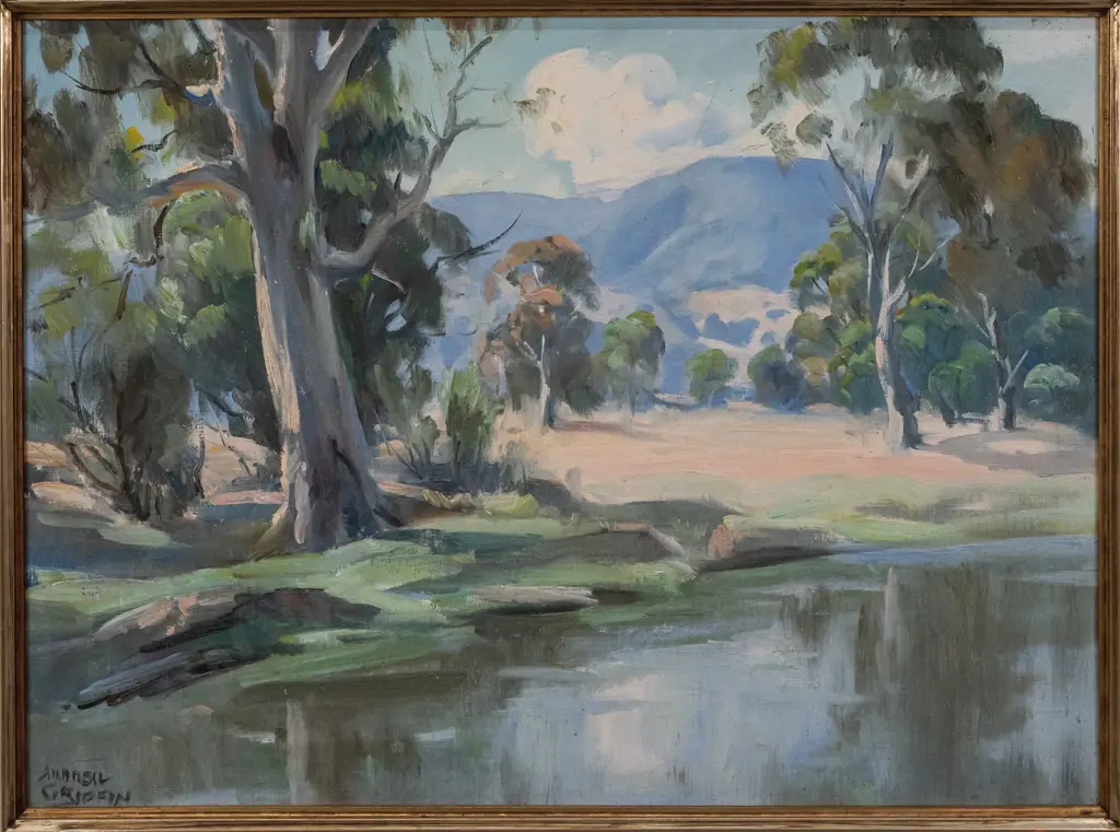 Andrew(?) Griffin -- framed oil on board, Australian landscape with eucalypts hills and stream, H-415 W-560 Image 1++