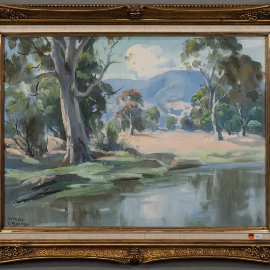 Andrew(?) Griffin -- framed oil on board, Australian landscape with eucalypts hills and stream, H-415 W-560