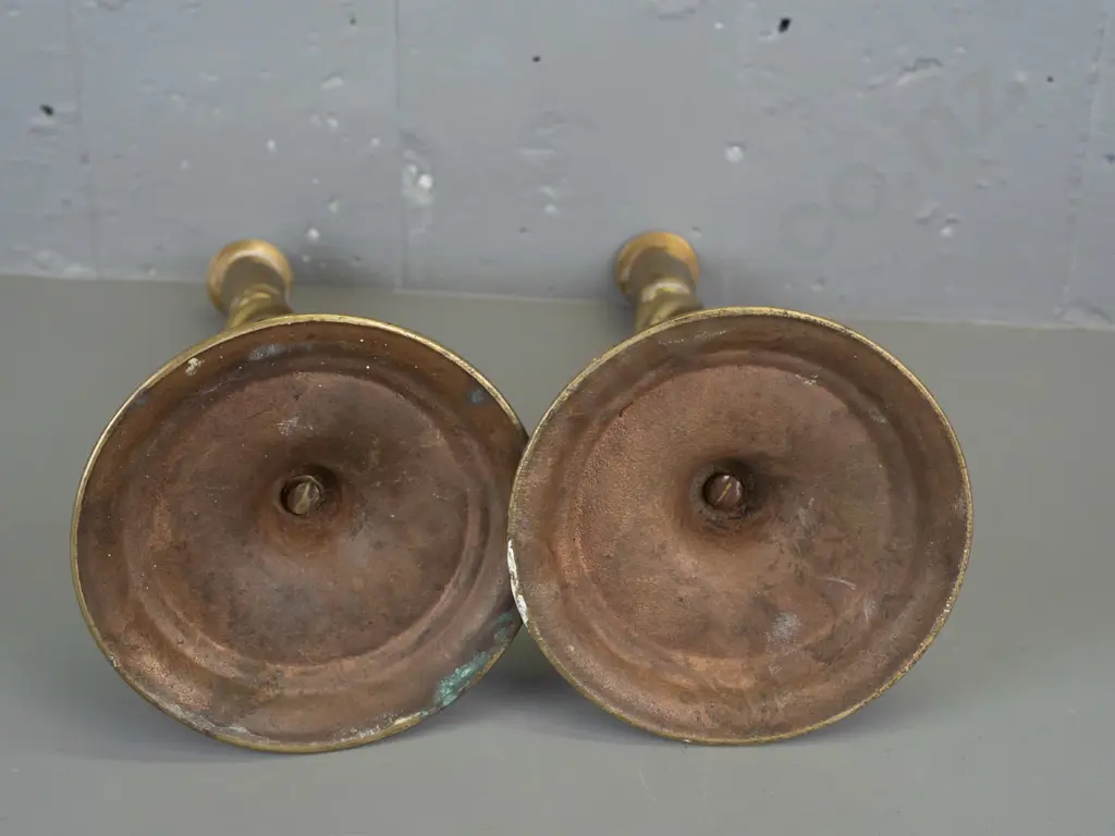 pair of Victorian brass open twist candlesticks on circular base. Discolouration to brass, wax staining. H-310 D-135 Image 1++