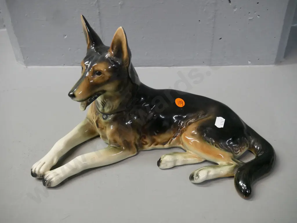 vintage German ceramic dog figurine, some light crazing H-180 L-310 Image 1++