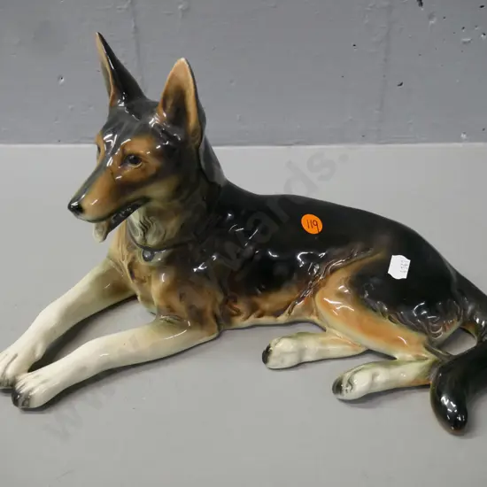vintage German ceramic dog figurine, some light crazing H-180 L-310