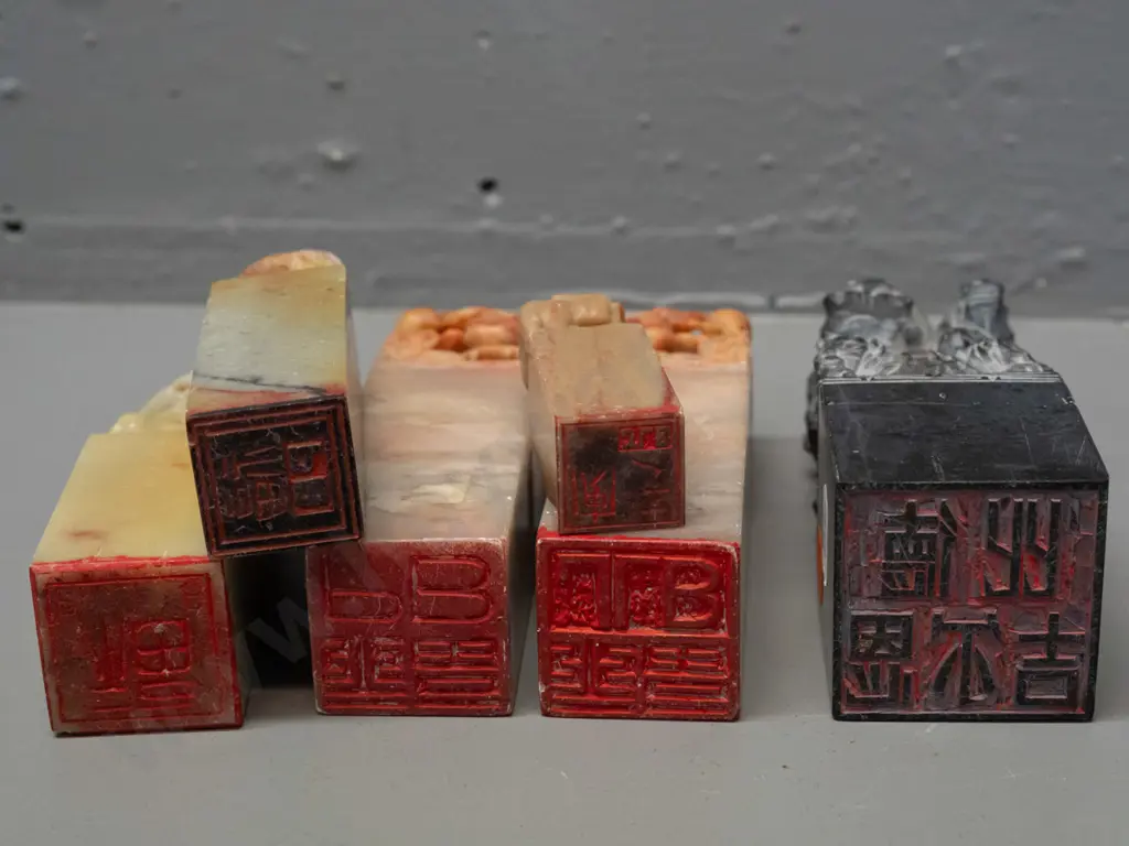 6 Chinese carved soapstone seals with bird & animal motif tops - tallest is H-120 - some scratches and wear Image 1++