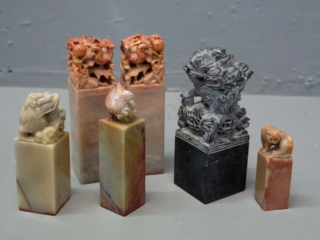 6 Chinese carved soapstone seals with bird & animal motif tops - tallest is H-120 - some scratches and wear Image 1++