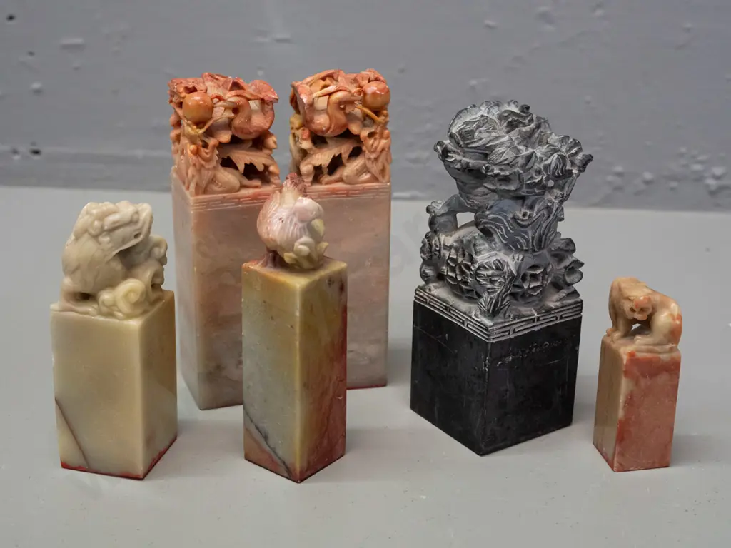 6 Chinese carved soapstone seals with bird & animal motif tops - tallest is H-120 - some scratches and wear Image 1++