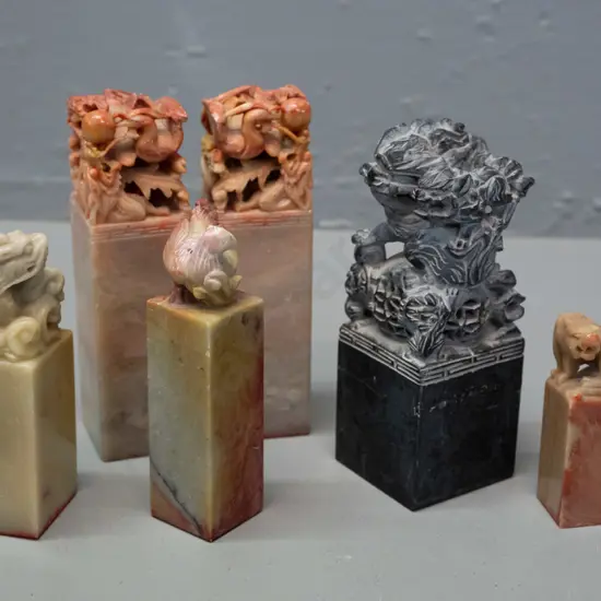 6 Chinese carved soapstone seals with bird & animal motif tops - tallest is H-120 - some scratches and wear