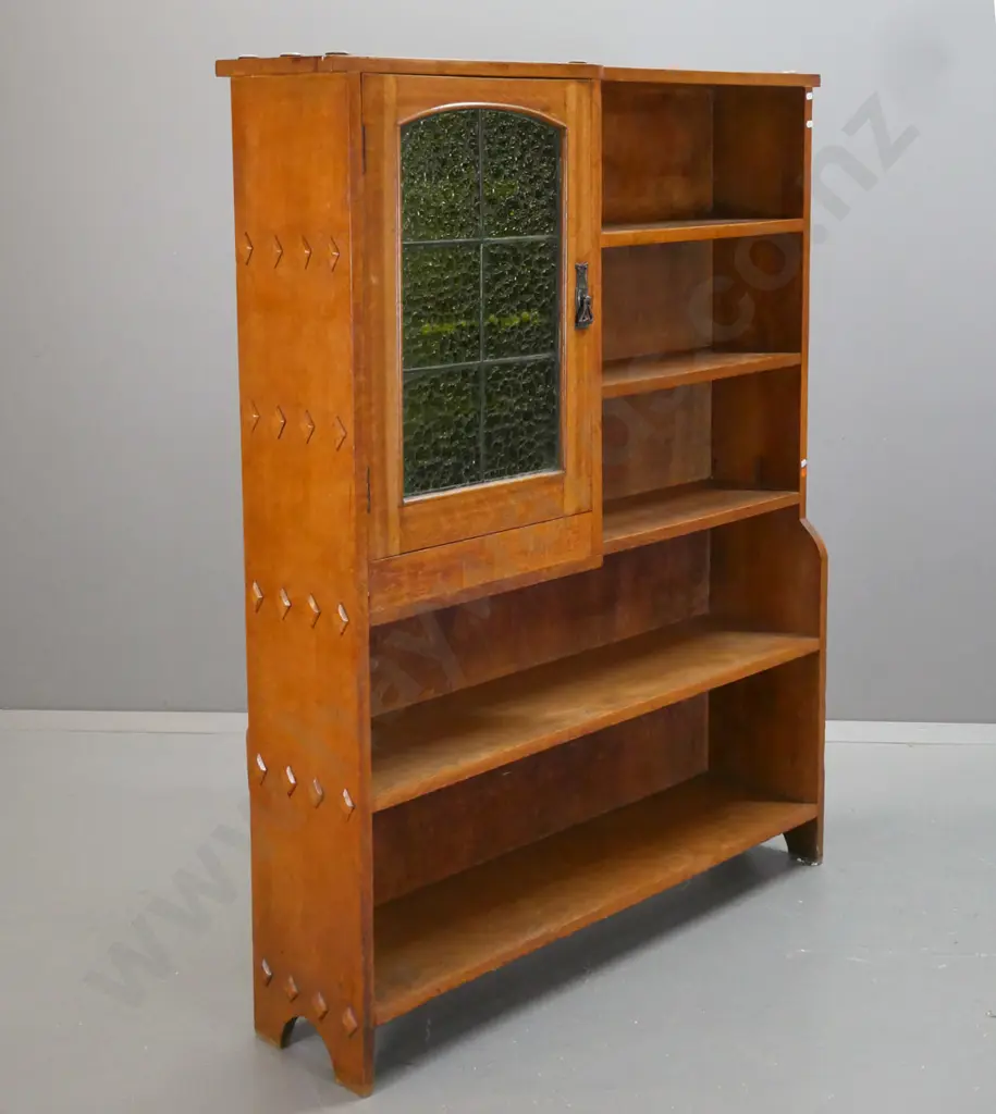 vintage oak arts & crafts style bookcase with leadlight single door cupboard with green textured glass, 3 shelves, metal Image 1++