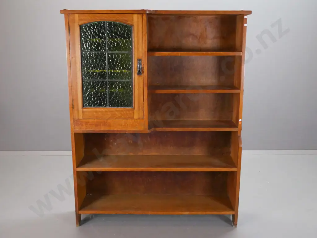 vintage oak arts & crafts style bookcase with leadlight single door cupboard with green textured glass, 3 shelves, metal Image 1++