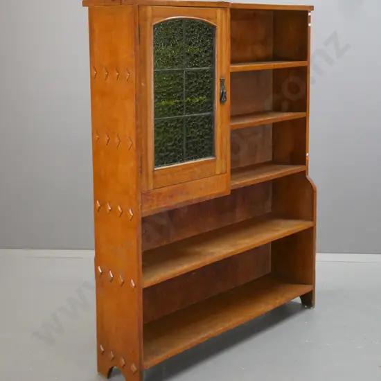 vintage oak arts & crafts style bookcase with leadlight single door cupboard with green textured glass, 3 shelves, metal