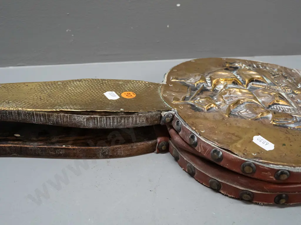 vintage oak & studded leather bellows with applied pressed brass decoration - brass lifting slightly in a few places Image 1++