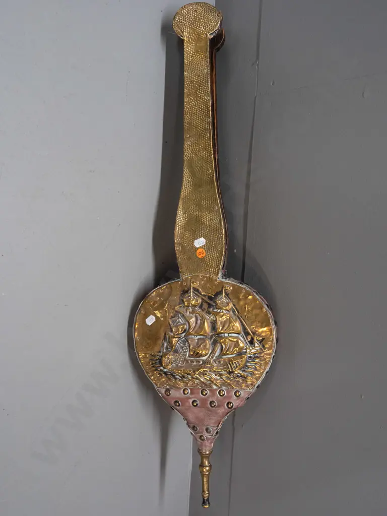 vintage oak & studded leather bellows with applied pressed brass decoration - brass lifting slightly in a few places Image 1++