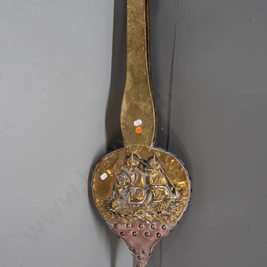 vintage oak & studded leather bellows with applied pressed brass decoration - brass lifting slightly in a few places