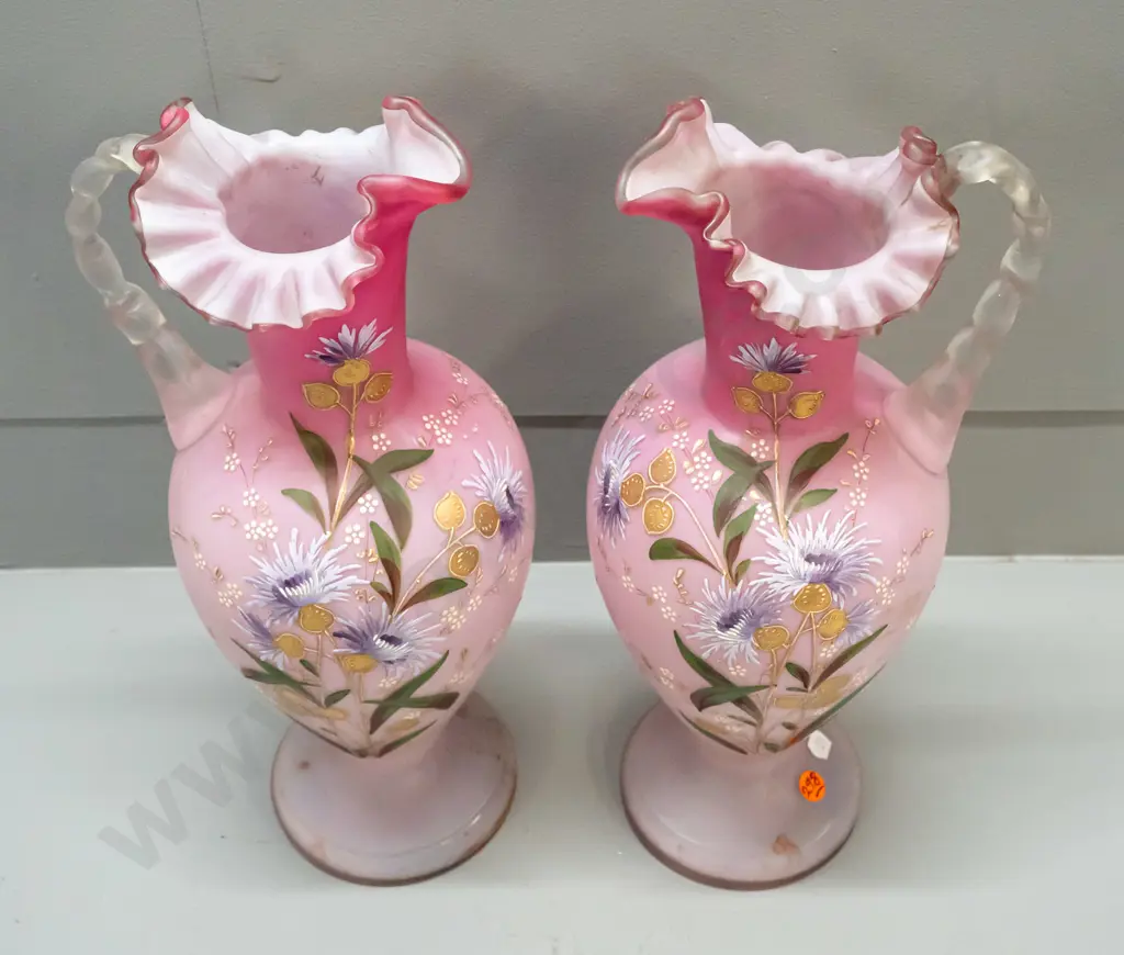 pair of Victorian glass ewer vases with twist handles and frilled rims - raised decoration, hand painted and gilt - some Image 1++