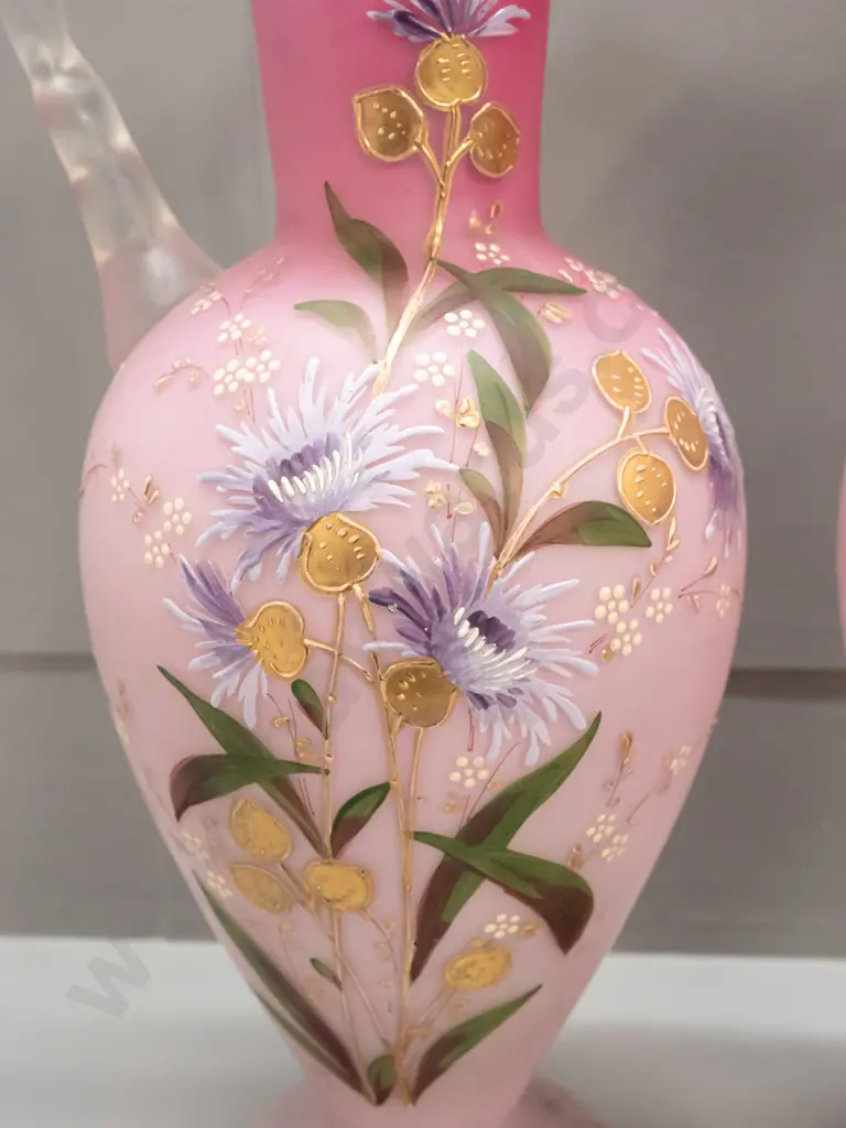 pair of Victorian glass ewer vases with twist handles and frilled rims - raised decoration, hand painted and gilt - some Image 1++