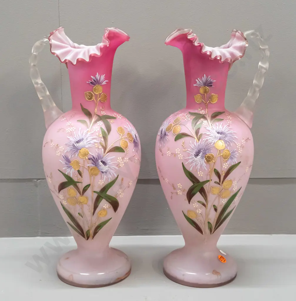 pair of Victorian glass ewer vases with twist handles and frilled rims - raised decoration, hand painted and gilt - some Image 1++