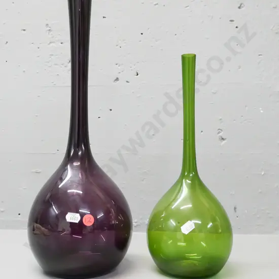 two art glass bottle vases, smaller green, larger amethyst. Larger vase H-400 D-140