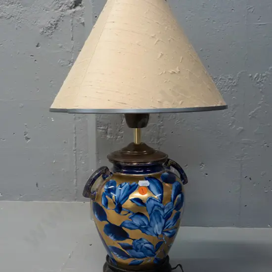 table lamp with porcelain base made from blue iris pattern vase with heavy gilt-finish body, on plastic or composite
