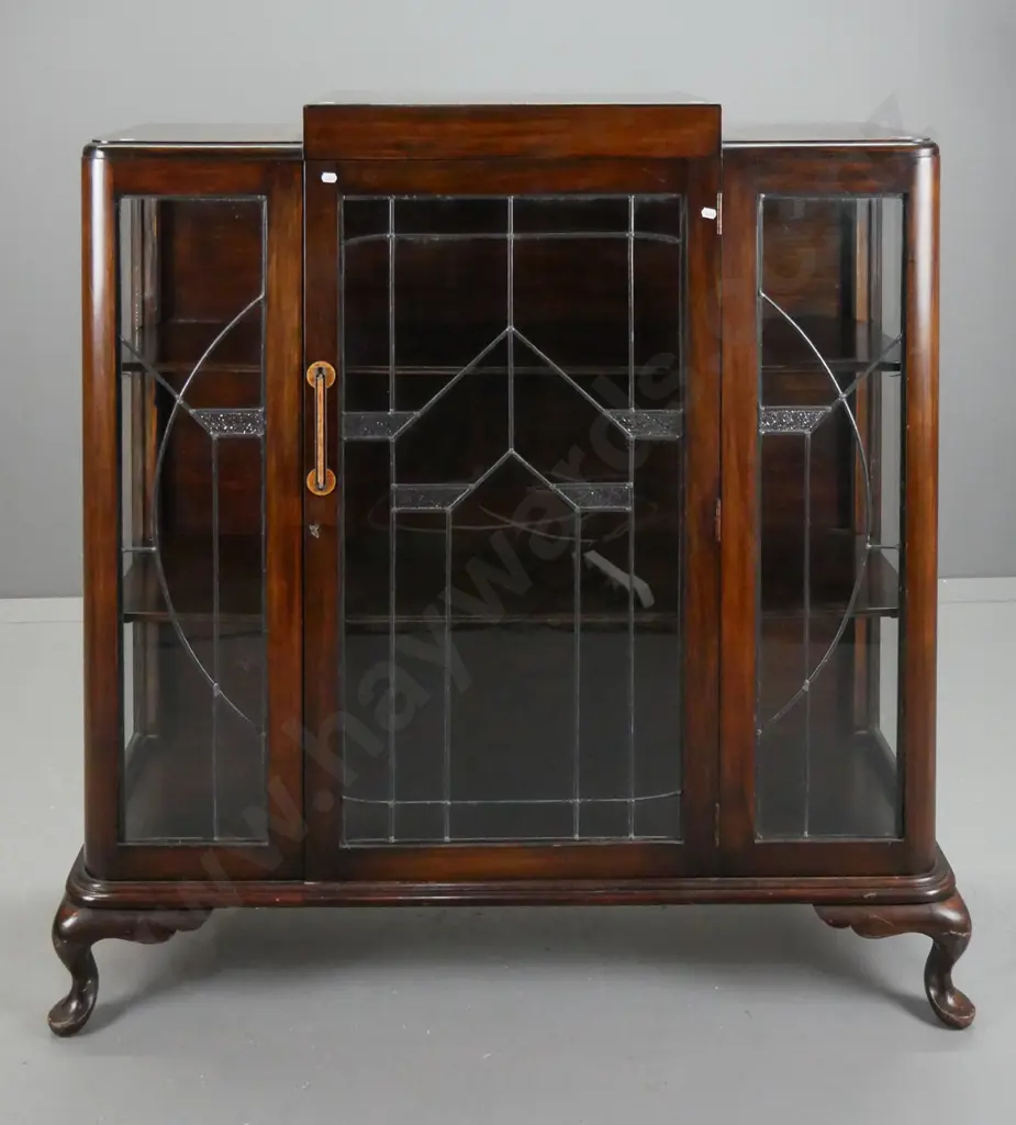 vintage art deco beech cab-leg display cabinet, glazed leadlight doors & sides,lock & working key (in office) - handle Image 1++