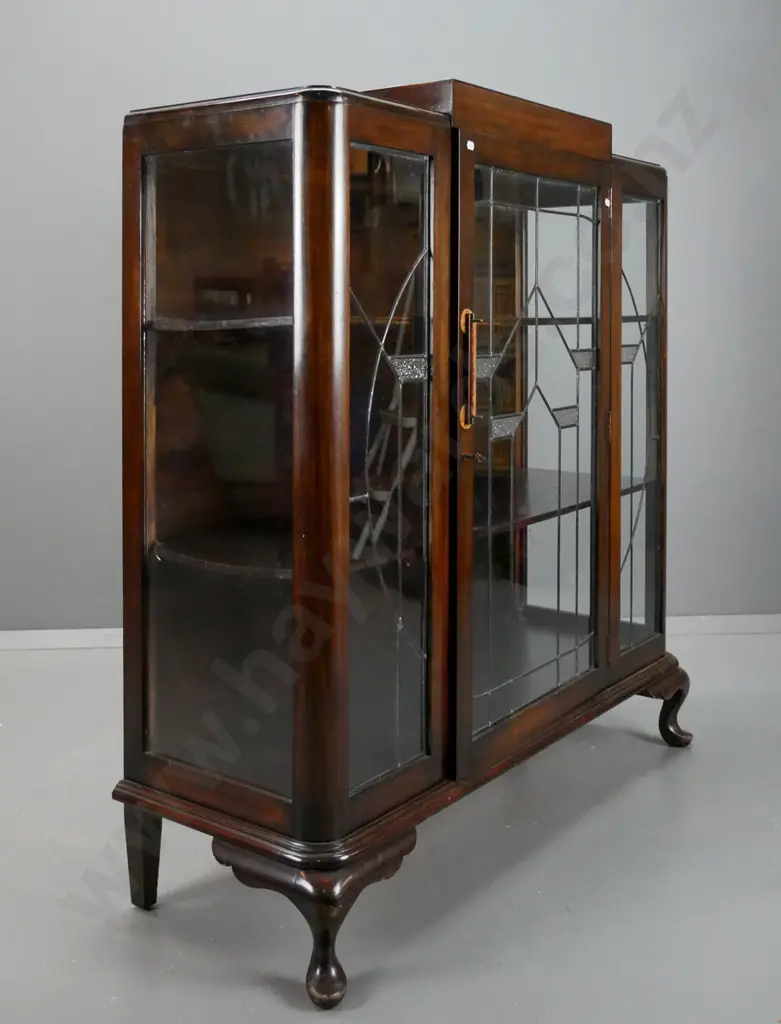 vintage art deco beech cab-leg display cabinet, glazed leadlight doors & sides,lock & working key (in office) - handle Image 1++