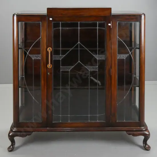 vintage art deco beech cab-leg display cabinet, glazed leadlight doors & sides,lock & working key (in office) - handle