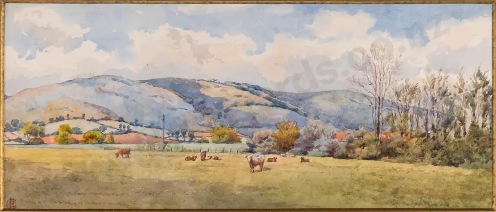gilt framed vintage watercolour - pastural scene H160 W360 (slight wear to frame) Image 1++