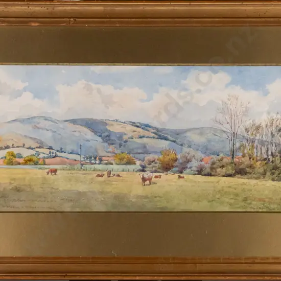 gilt framed vintage watercolour - pastural scene H160 W360 (slight wear to frame)