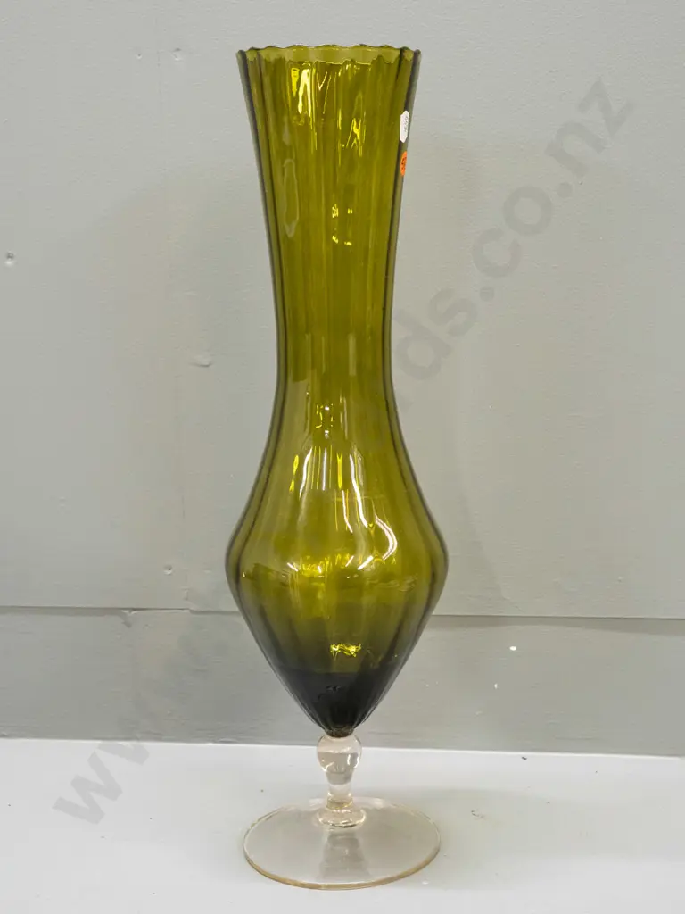 tall olive green ribbed and fluted vase on clear glass stemmed base H-490 Image 1++