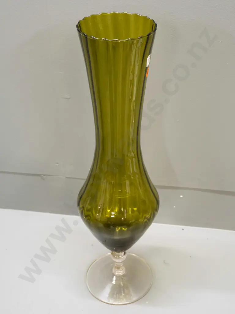 tall olive green ribbed and fluted vase on clear glass stemmed base H-490 Image 1++