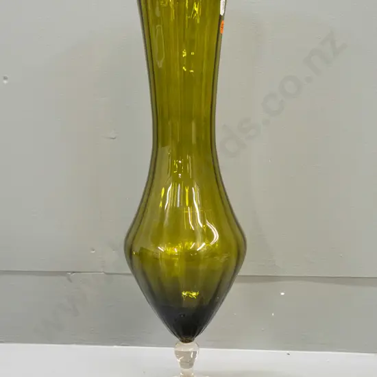 tall olive green ribbed and fluted vase on clear glass stemmed base H-490